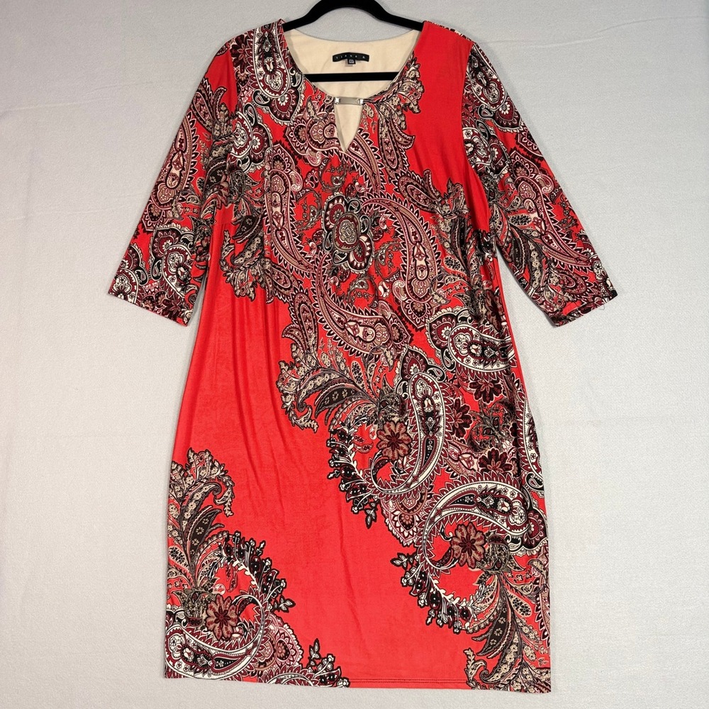 Tiana B Sheath Dress 14W Red Paisley 3/4 Sleeve Keyhole Neck Knee Length Boho‎